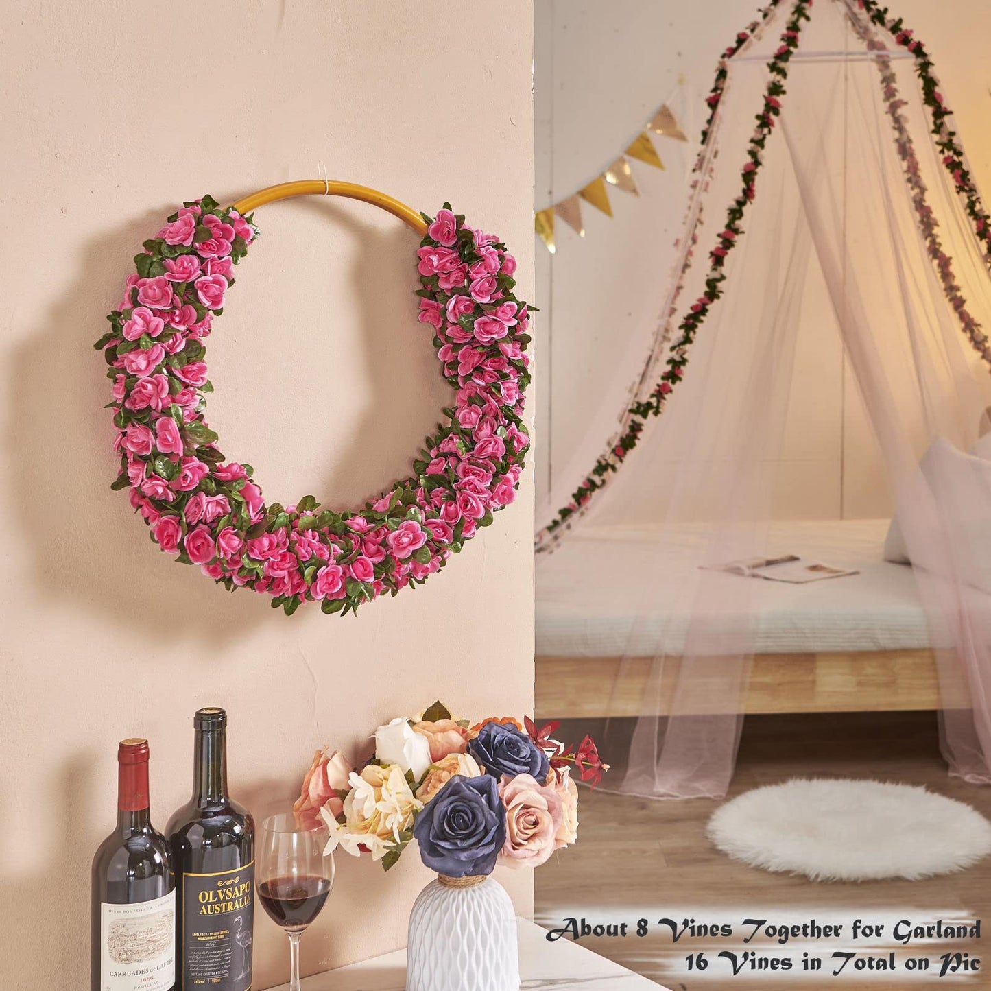 PONKING 8 Pcs x 8.2 ft Flower Garland Artificial Rose Vine Flowers with Green Leaves Hanging Fake Roses Vine for Room Party Home Wedding Birthday Christmas Wall Arch Decor, Spring Magenta Flower