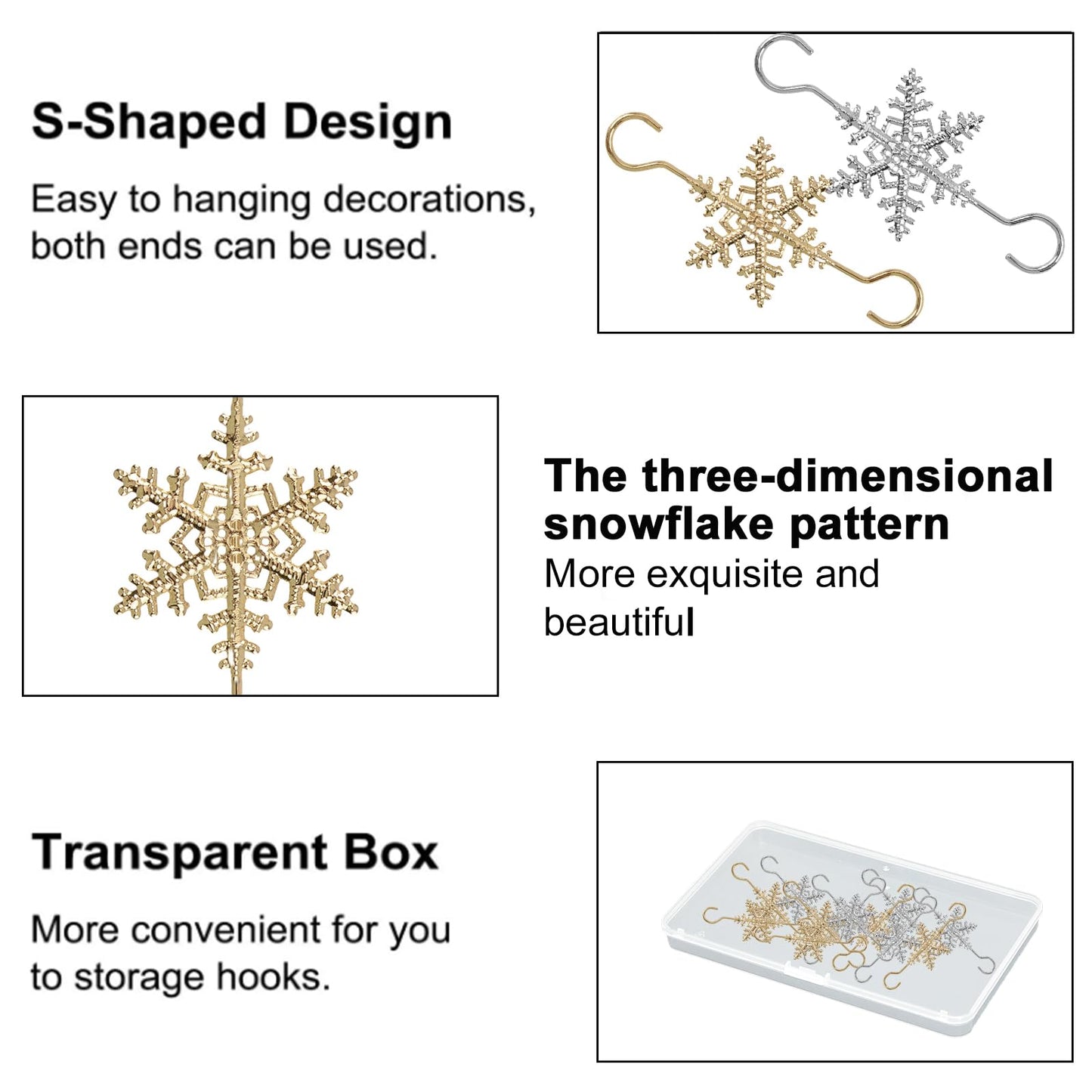 INCREWAY 60 Pcs Christmas Ornament Hooks Sliver Gold Snowflake Decorative Ornament Hangers for Xmas Christmas Tree for Small Ornaments