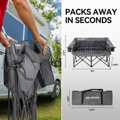 Double Camping Chair Padded 2 Person Camping Chair Camping Loveseat - Heavy Duty Oversized Camping Couch for Adults Outdoor Lawn Beach - Portable Folding Sofa with Cup Holders and Carry Bag, Grey