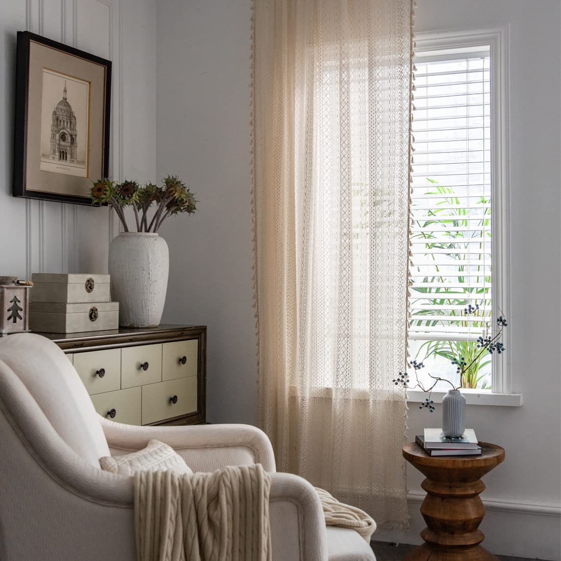 Colorigan Boho Curtains for Living Room Bedroom, 84 inch Length 2 Panels Set Cotton Linen Semi Sheer Farmhouse Window Curtains with Tassels & Rod Pocket, Beige Lace Crochet Rustic Long Curtain Drapes