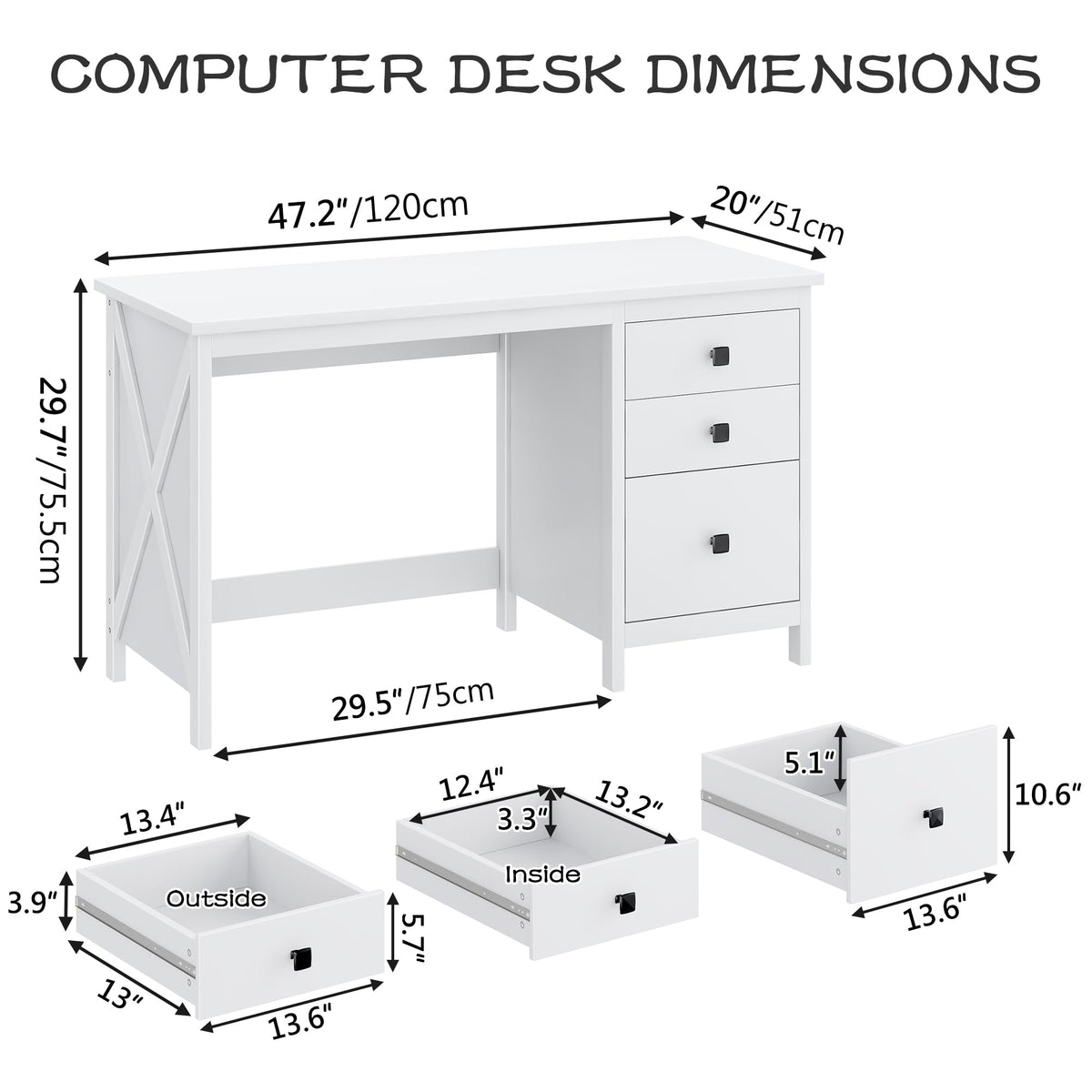 JSB 47.2'' White Computer Desk for Home Office,Farmhouse Executive Desk with 3 File Drawers,Study Writing Table Storage Cabinet,Makeup Vanity Desk for Bedroom (White, 47.2in)