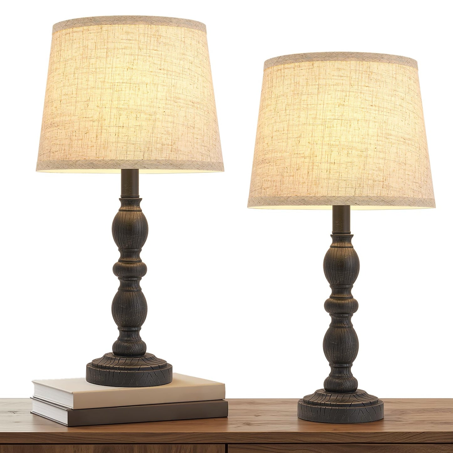 GyroVu Table Lamps Set of 2 for Bedroom, 20.5" Rustic Farmhouse Bedside Lamps with Linen Shade, Vintage Nightstand Lamps for Living Room, End Table Office, Desk(Black)