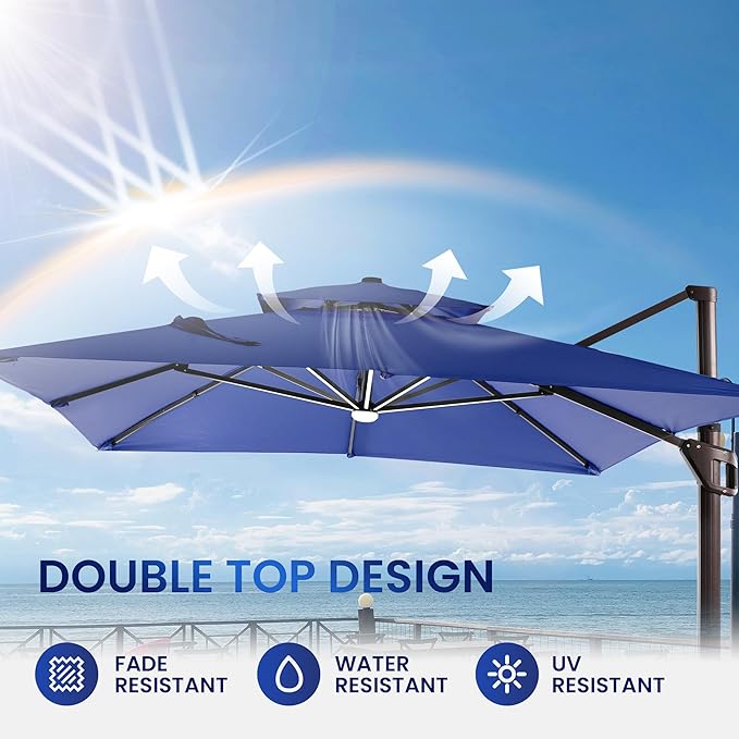 10 X 13 FT Cantilever Patio Umbrella with LED Lights Outdoor Heavy Duty Double Top Windproof Rectangle Offset Umbrellas with 360-degree Rotation for Pool Deck Backyard, Navy