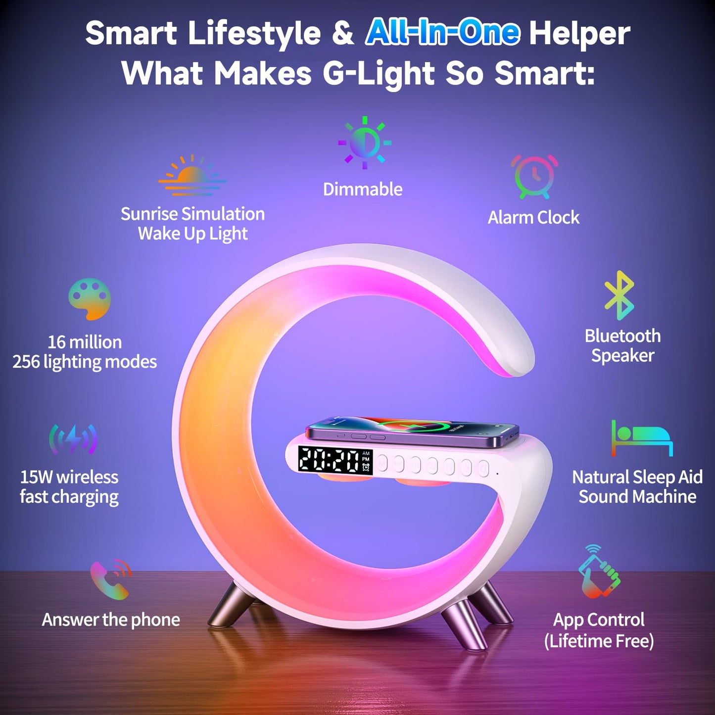 Smart LED Table Lamp with Bluetooth Speaker, Fast Wireless Charger, RGB Night Light, Sunrise Alarm Clock & App Control Bedside Atmosphere Lamp for Bedroom Office Home Decor, Teen Girls Boys Gifts