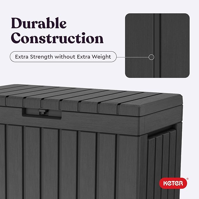 Keter Kentwood 50 Gallon Resin Deck Box for Outdoor Storage – Weather‑Resistant Balcony & Patio Box for Cushions, Throw Pillows & Garden Tools, Dark Grey