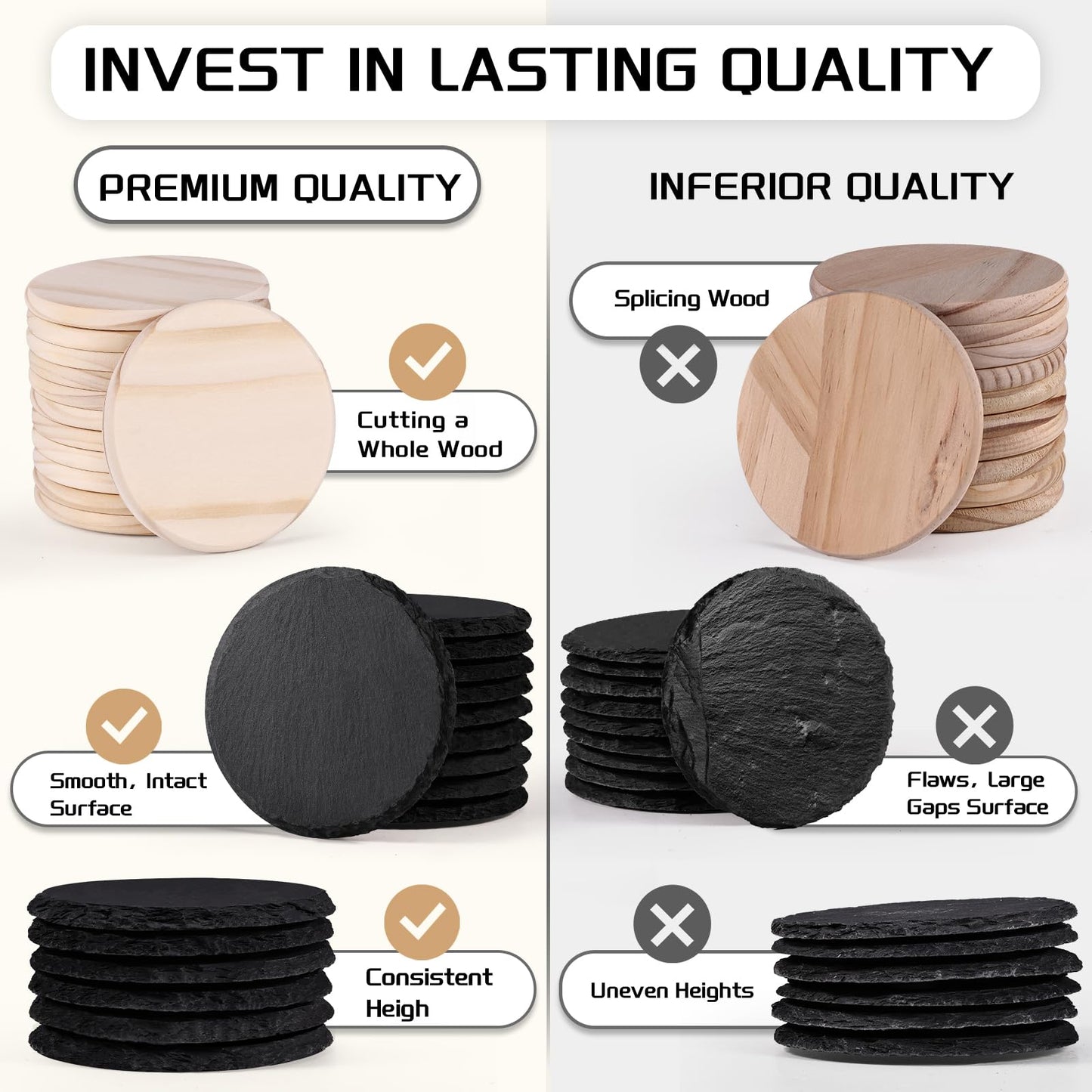72 PCS Coasters for Laser Engraving, MAPRIAL 4 Inch 36 PCS Black Slate Stone Drink Coasters Bulk, 36 PCS Pine Wood, Engravable Blanks Material for Engraver, Halloween, Decor, Gifts, Crafts, Round
