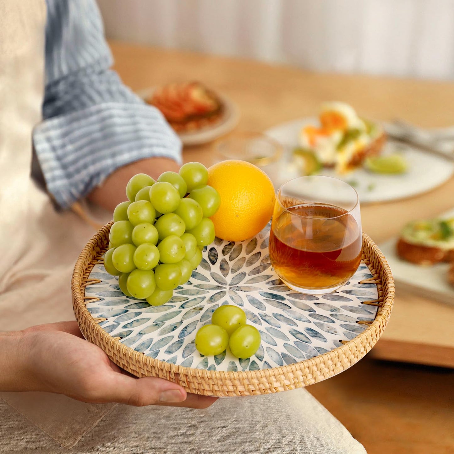 Tynulox Round Rattan Tray with Mother of Pearl Inlay, Rattan Serving Tray for Coffee, Bread, Fruits, Decorative Wicker Tray for Table Decor, Home Decor, Kitchen Island Decor (Light Blue Leaf, 11.8")