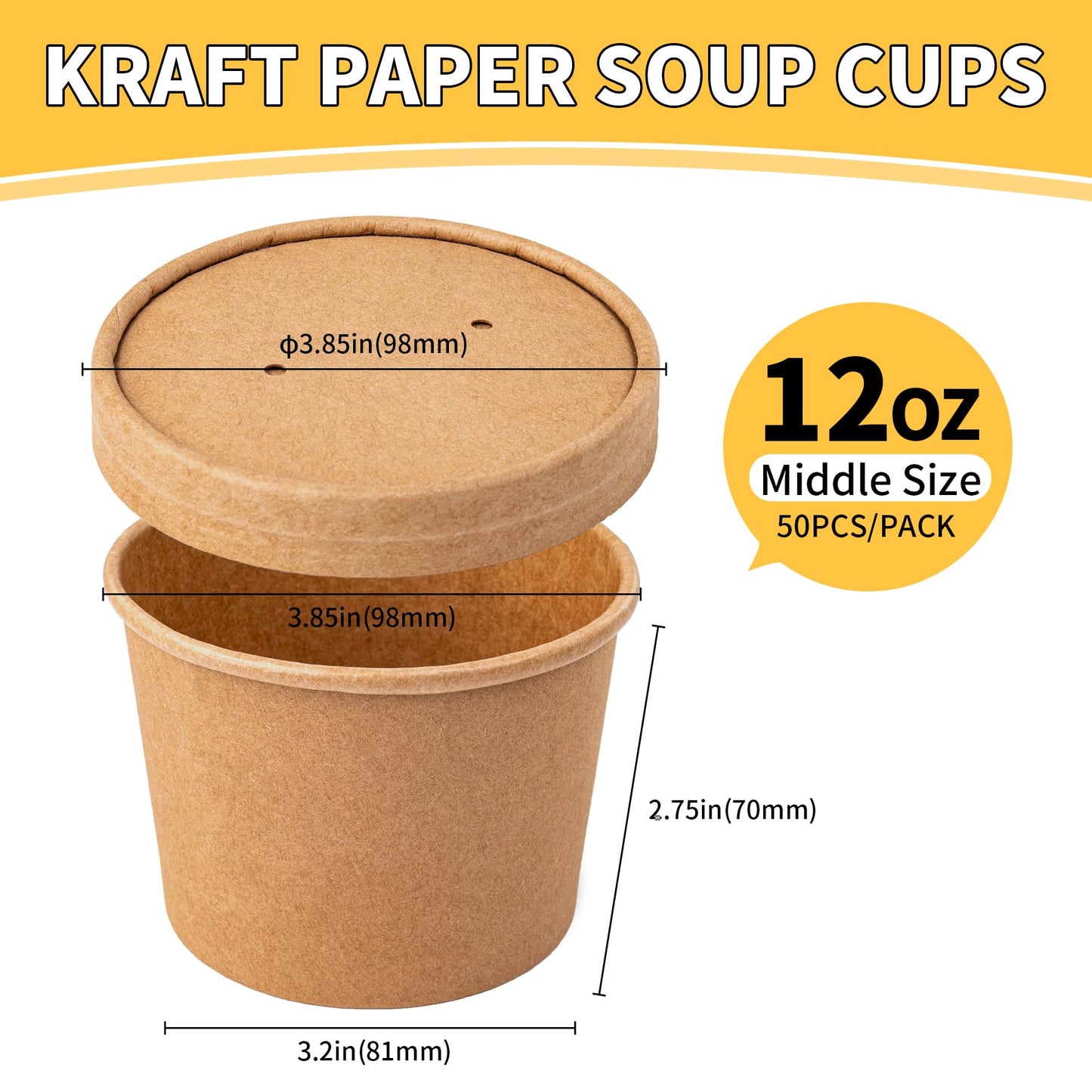 PakTalk 50 Pack Soup Containers with Lids, Disposable and Biodegradable Ice Cream Cups Kraft 12oz Paper Soup Bowls with Lids for Hot Drinking, Food, and Ice Cream (50 sets, 12 oz)