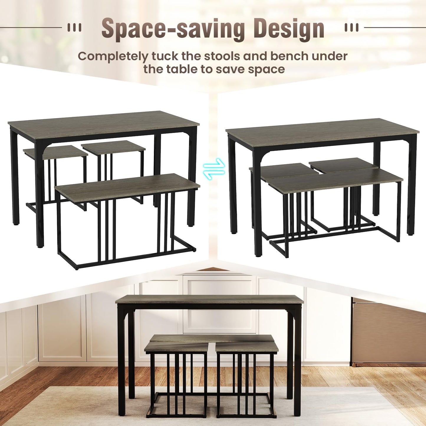Giantex 4-Piece Dining Table Set for 4, Modern Kitchen Table and Chairs, Nesting Furniture Set with Bench & 2 Stools, Space-Saving Desk Set, Dinette Set for Small Place, Dining Room Restaurant (Grey)