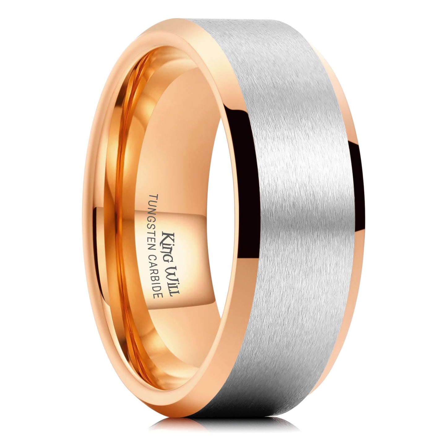 King Will 8mm Classic Tungsten Rings for Men Two-Tone Mens Wedding Bands Simple Engagement Promise Ring Matte Brushed Beveled Edges Comfit Fit Durable, Silver & Rose Gold Plated Size 8