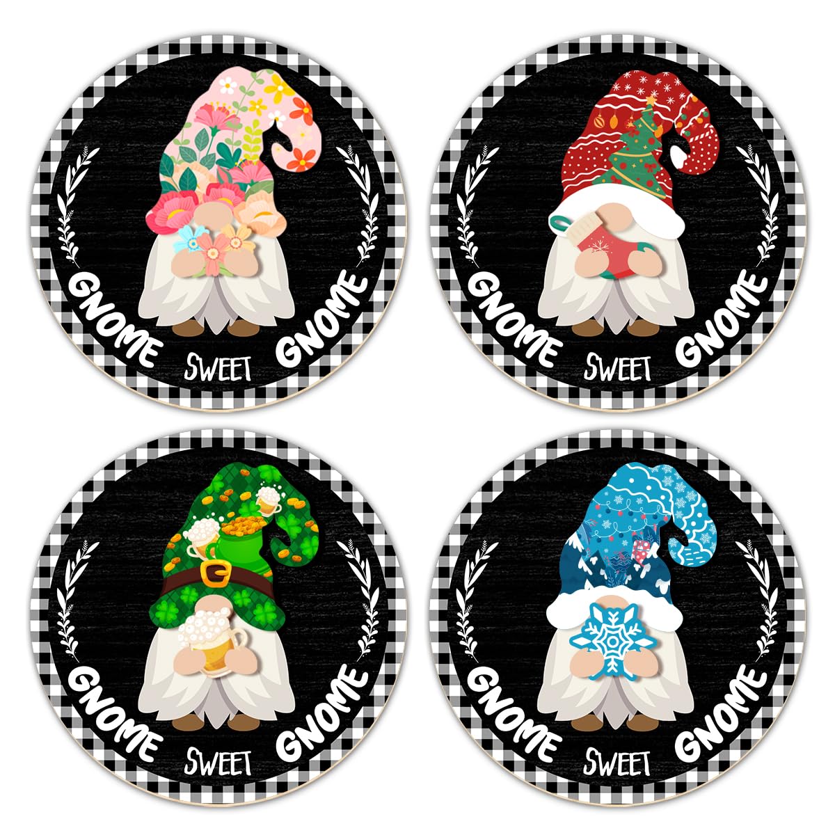 Interchangeable Gnome Welcome Sign Summer Patriotic 4th of July Door Decoration, Changeable Front Porch Decor Wood Wreath Gnomes Gifts for Spring Fall Winter All Seasons Holiday, Antique Black