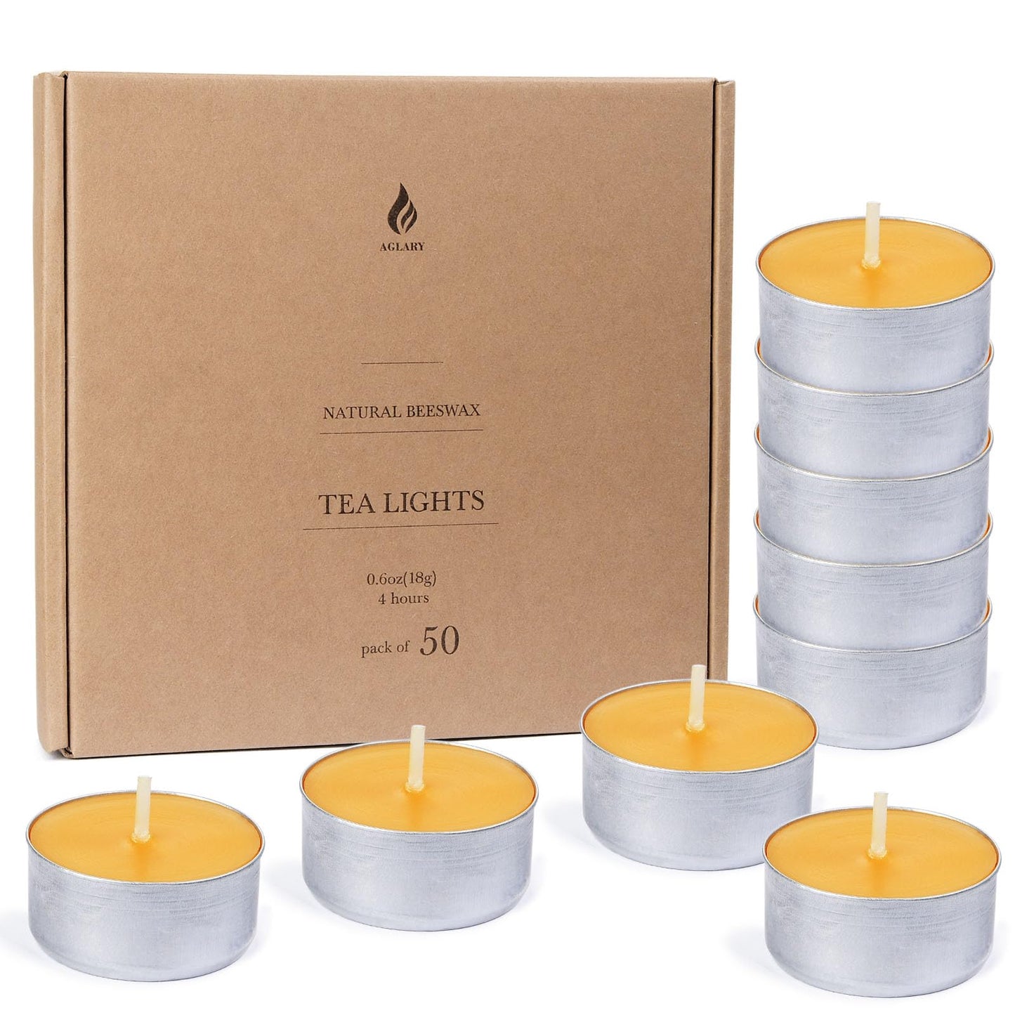 50-Pack Handmade Pure Beeswax Tealight Candles, Aluminum Cups, 4-5H Burn
