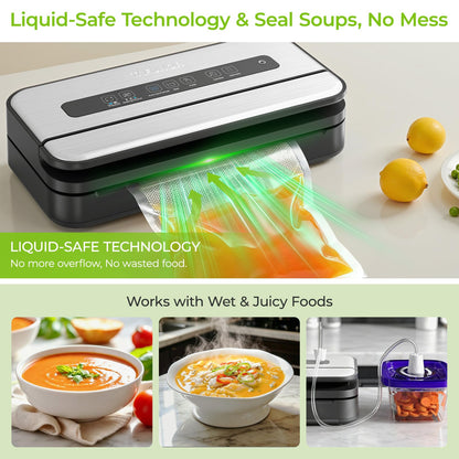 Vacuum Sealer, 90Kpa Food Vacuum Sealer Machine Built-in Cutter & Bag Storage, Food Preservation Dry/Moist/Liquid Mode, Sauces and More, Handle Locked Design Includes 2Roll + 5 Bags