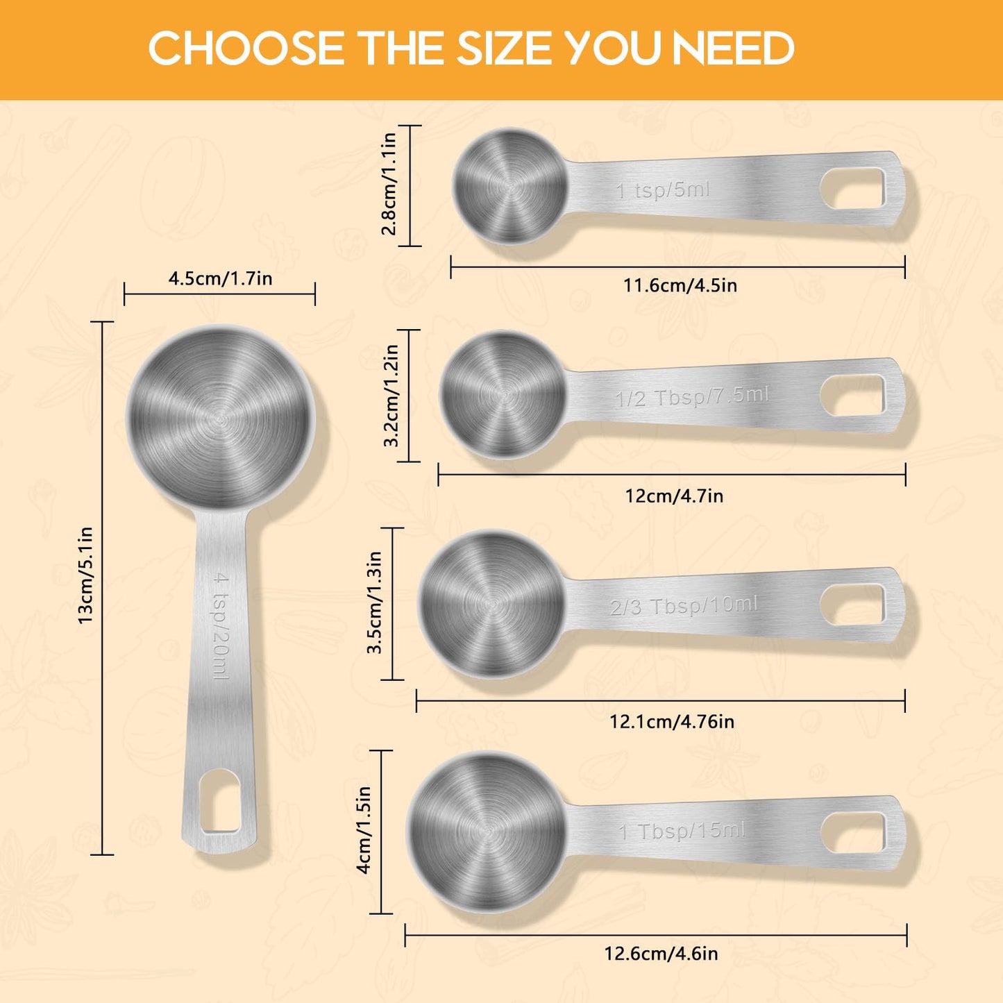 4 PCS 1 Teaspoon(5 mL | 5 cc | 1 Tsp | 1/3 Tablespoon) Stainless Steel Single Measuring Spoon, Easy to Use and Easy to Wash Metal Measuring Spoons Kitchen Gadgets for Cooking & Baking