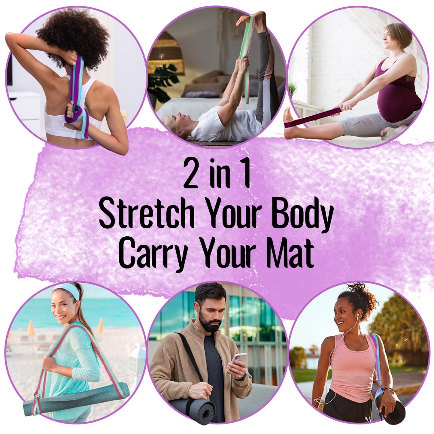 TECEUM Yoga Strap & Mat Strap – 2 in 1 – Cotton – 6 ft 8 ft 10 ft (30+ Colors) – Adjustable Non-Slip Belt for Yoga, Pilates, Stretching, Physical Therapy, Fitness & Home Workout – for Carrying Mats