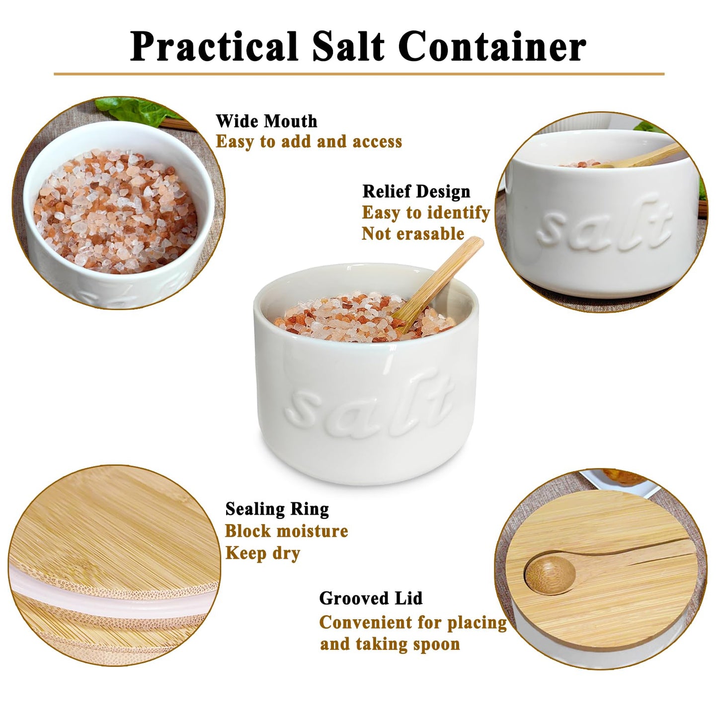 NAXIHOPT Salt Cellar with Lid and Spoon, 16 OZ Airtight Salt Container for Countertop, Ceramic Storage Container for Spices, White