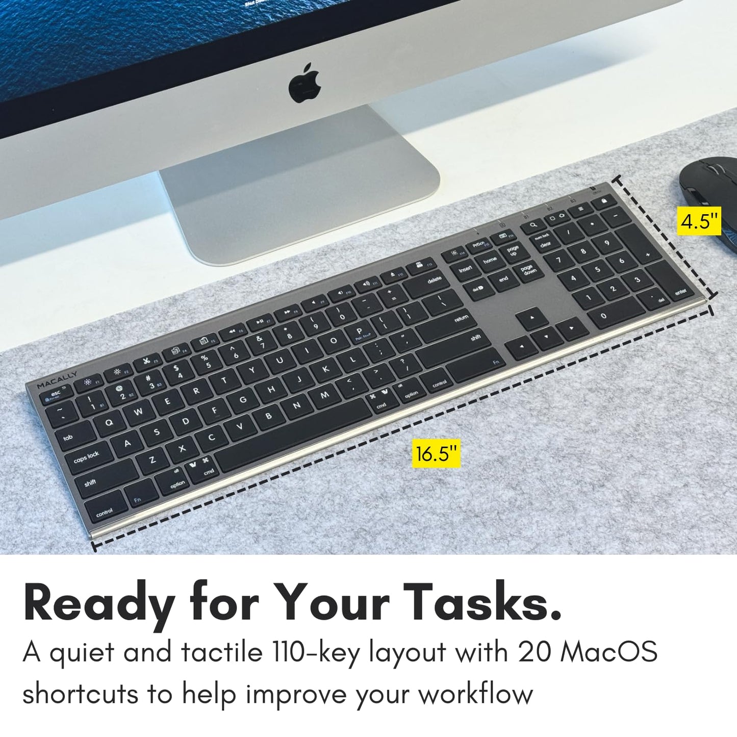 Macally Wireless Bluetooth Keyboard for Mac - Compatible Apple Keyboard or MacBook Pro/Air, iMac - Multi-Device, Up to 3 Devices with 110 Keys, 20 Shortcuts, Numeric Keypad, and Rechargeable - Silver