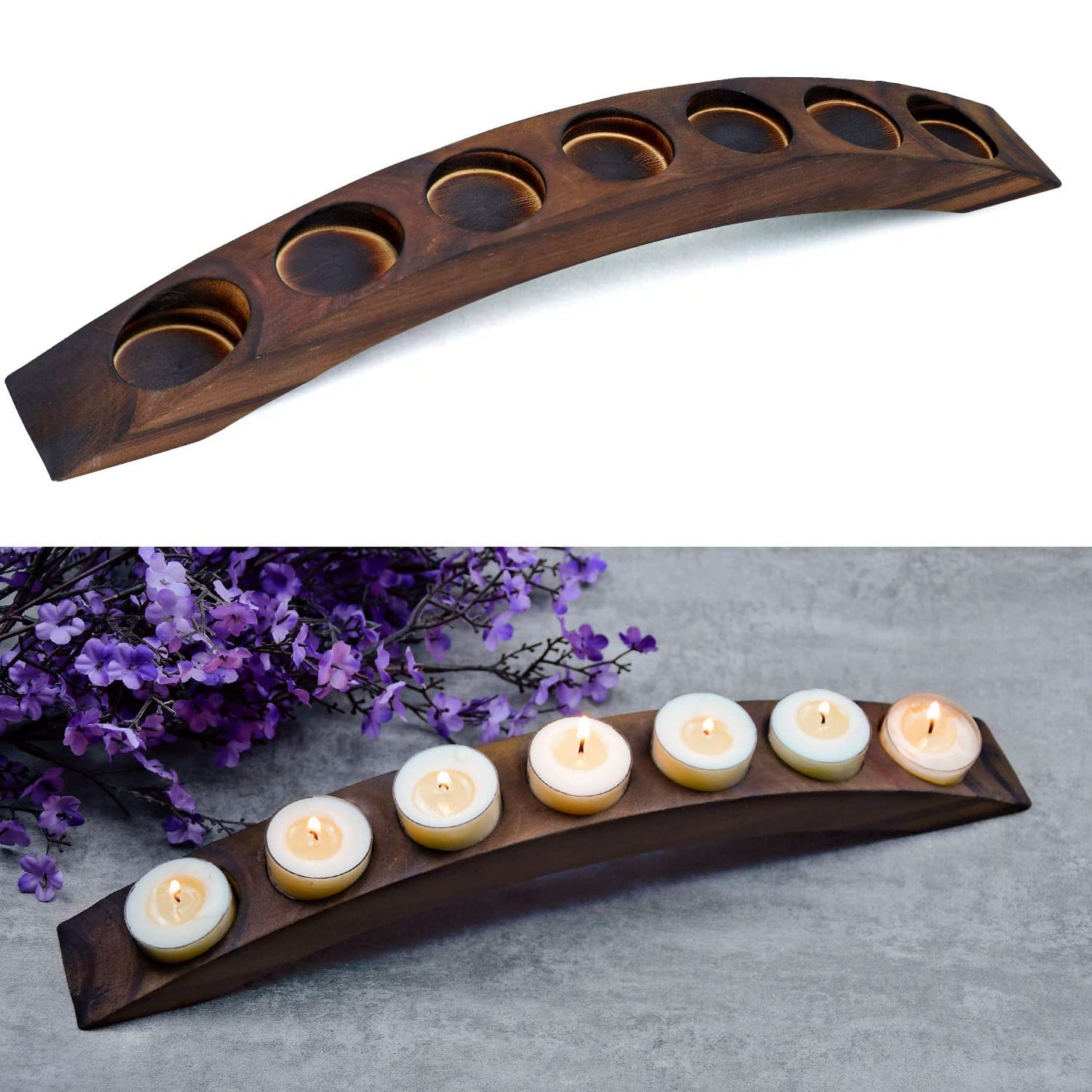 Long Wooden Bridge Tealight Candle Holder, 7 Holes - Candle Centerpieces for Tables - Rustic Wooden Color