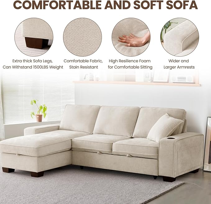 99" Convertible Sleeper Sofa Bed, L Shaped