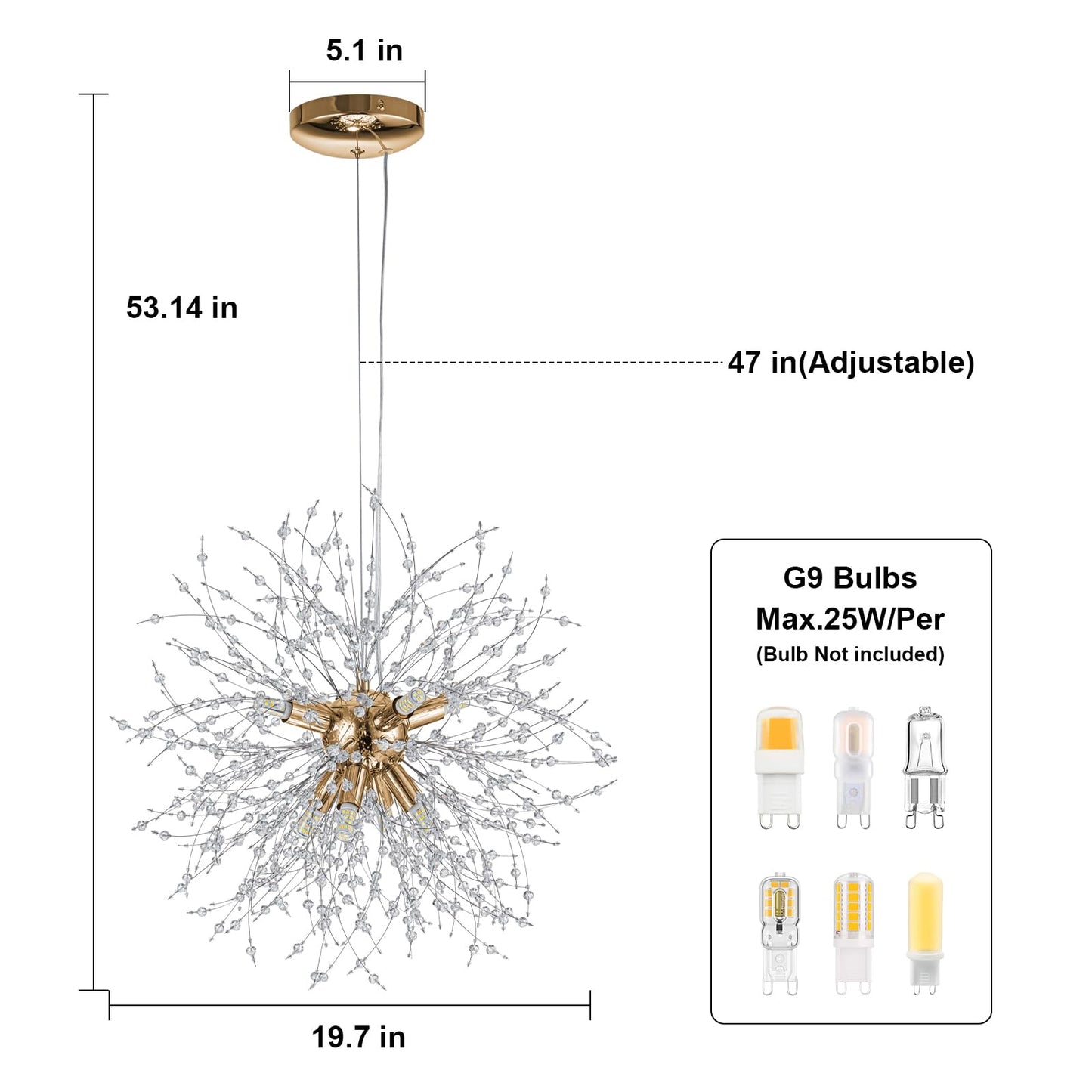 AMZERA 8-Light Gold Dandelion Chandeliers Crystal Modern Firework Lighting Fixtures for Dining Room Kitchen Foyer Entryway Bedroom Hallway Bar