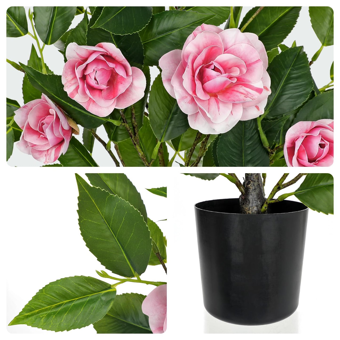 Small Artificial Camellia Roses Potted - 17.7" Pink Faux Camellia Rose Mini Tree Fake Flower Plant Artificial Plants & Flowers Indoor with Planter for Home Office Living Room Porch Arrangement Decor
