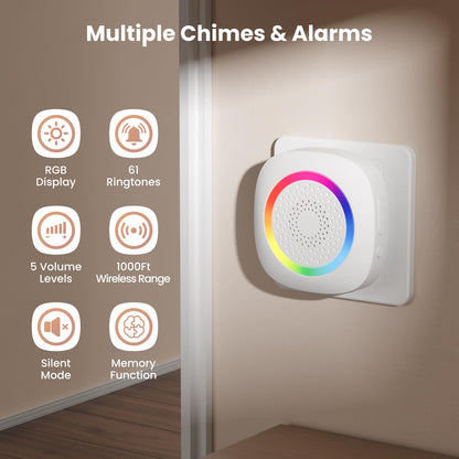 TECKNET Wireless Motion Sensor Door Chime - 61 Melodies & 120dB, 6m/110° PIR Detection & 1000ft Range, RGB Light with 5 Volume Levels, Easy Install for Home/Business/Store Security & Elderly Care