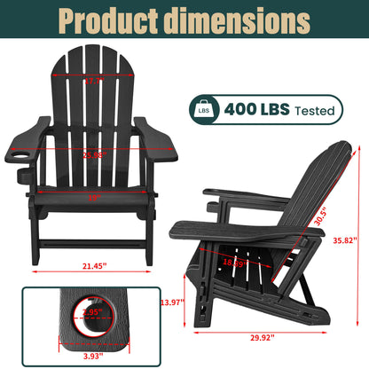 Adirondack Chair with Cup Holder,Tool-Free Assembly,No Screws Needed,All-Weather HDPE Plastic Outdoor Patio Chair,Wood-Grain Slatted Look,Easy to Take Apart for Storage,Fire Pit Chairs(Classic Black)