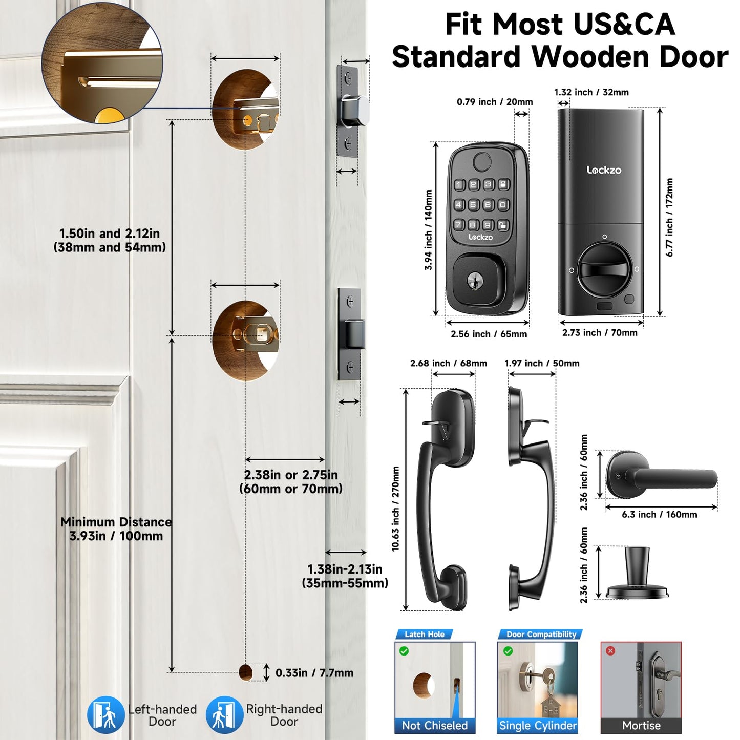 Smart Door Lock with Handle, Keyless Entry Door Lock Deadbolt Handle Set, Built-in WiFi Deadbolt Smart Lock for Front, Fingerprint, Keypad Code, App Control, Voice Control