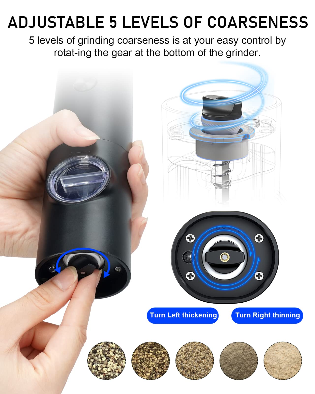 COKUNST Electric Pepper and Salt Grinder Set, Battery Powered Adjustable 5 Levels of Coarseness Black Pepper Mills with Stand, Automatic Grinding with LED Light for BBQ Resturant Kitchen