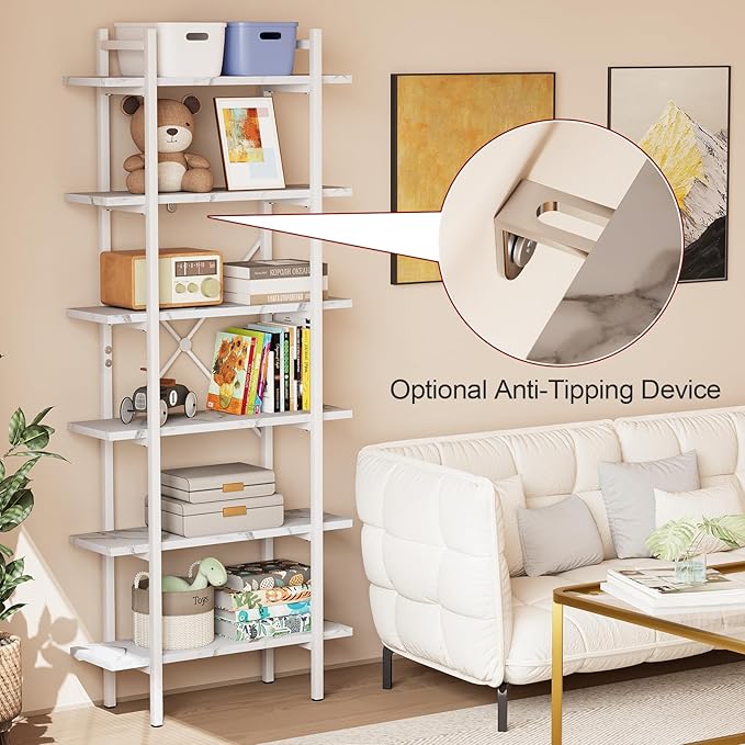 Bookshelf 6 Tiers White Wooden Storage Shelf, Modern Open Display Storage