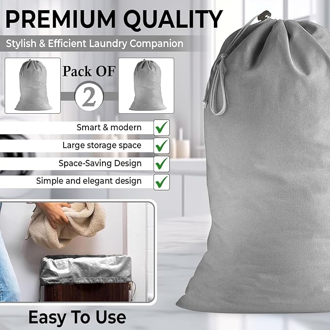 2 Pack - Extra Large Cotton Laundry Bag, Heavy Duty Large Laundry Bags 24 x 36