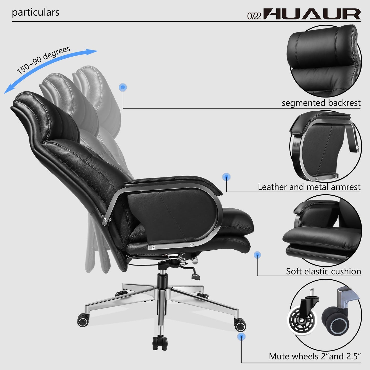 HUAUR Genuine Leather Modern Executive Chair High-Back Support 90 to 150 Degrees Tilt and Upholstered Home Desk Chair with Base 360LB Capacity Swivel Computer Office Chair (Black)