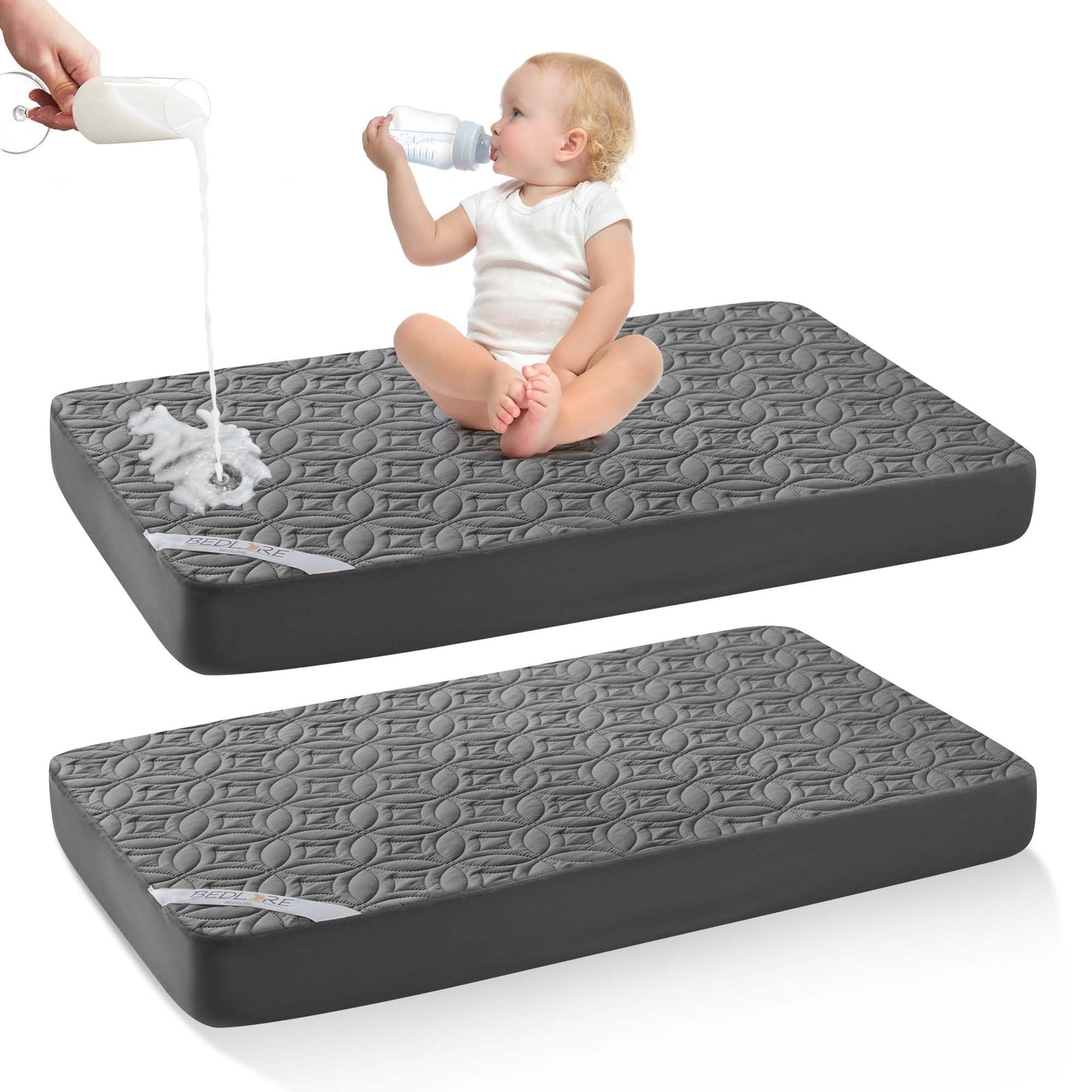Waterproof Crib Mattress Protector 2 Pack, Soft and Breathable Crib Mattress Pad Cover, Noiseless Machine Washable Toddler Mattress Protector for Standard Baby Toddler Bed (52''x28'',Gray)