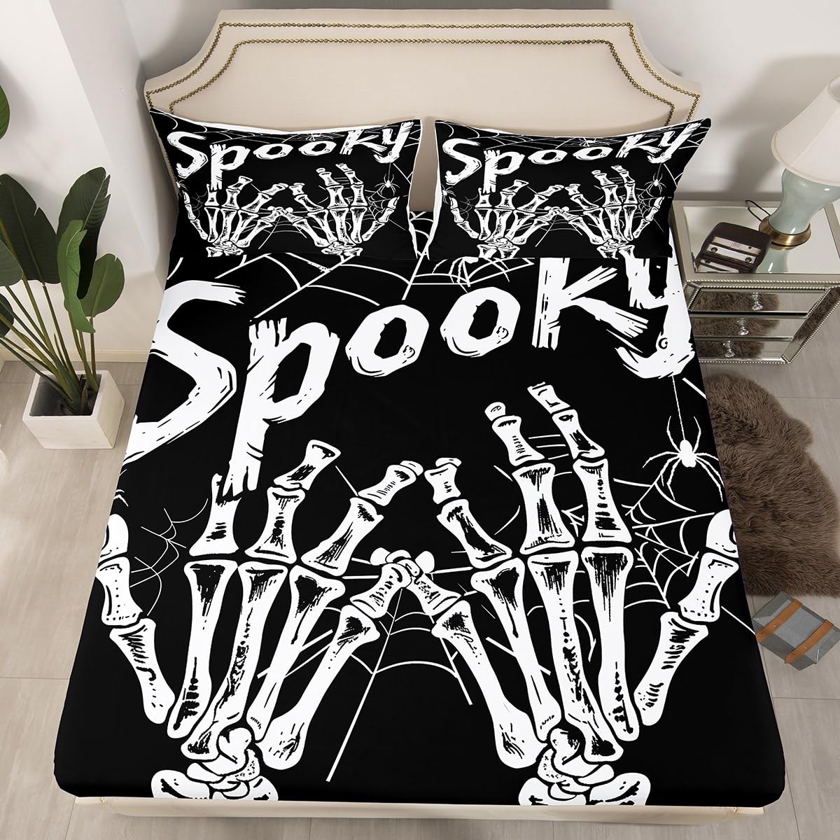 Feelyou Halloween Decor Fitted Sheet Full Size for Kids Boys Girls Skeleton Bones Bed Sheets Set 16" Deep Pocket Soft Breathable Microfiber Gothic Bedding with 2 Pillowcases Spider Web Room Decor