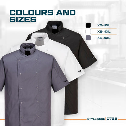 Portwest C733 Men's Cumbria Chef Jacket Lightweight Short Sleeve Durable Workwear Multi Functional Apron with Sleeve Pocket Machine Washable, White, L
