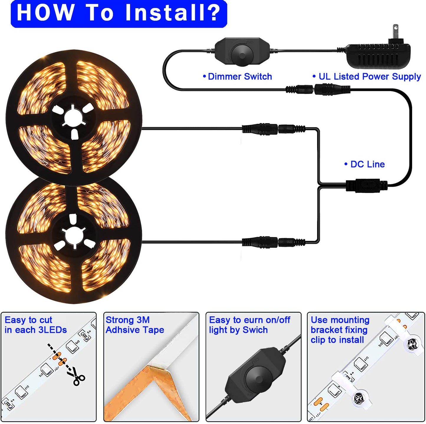 JUNWEN 40ft Warm White Led Strip Lights, Flexible 3000k Dimmable Super Bright 12V led Light Strip in Indoor Cuttable for Bedroom, Christmas, Kitchen, Cabinet,Mirror, Not Waterproof, 2 Rolls of 20ft