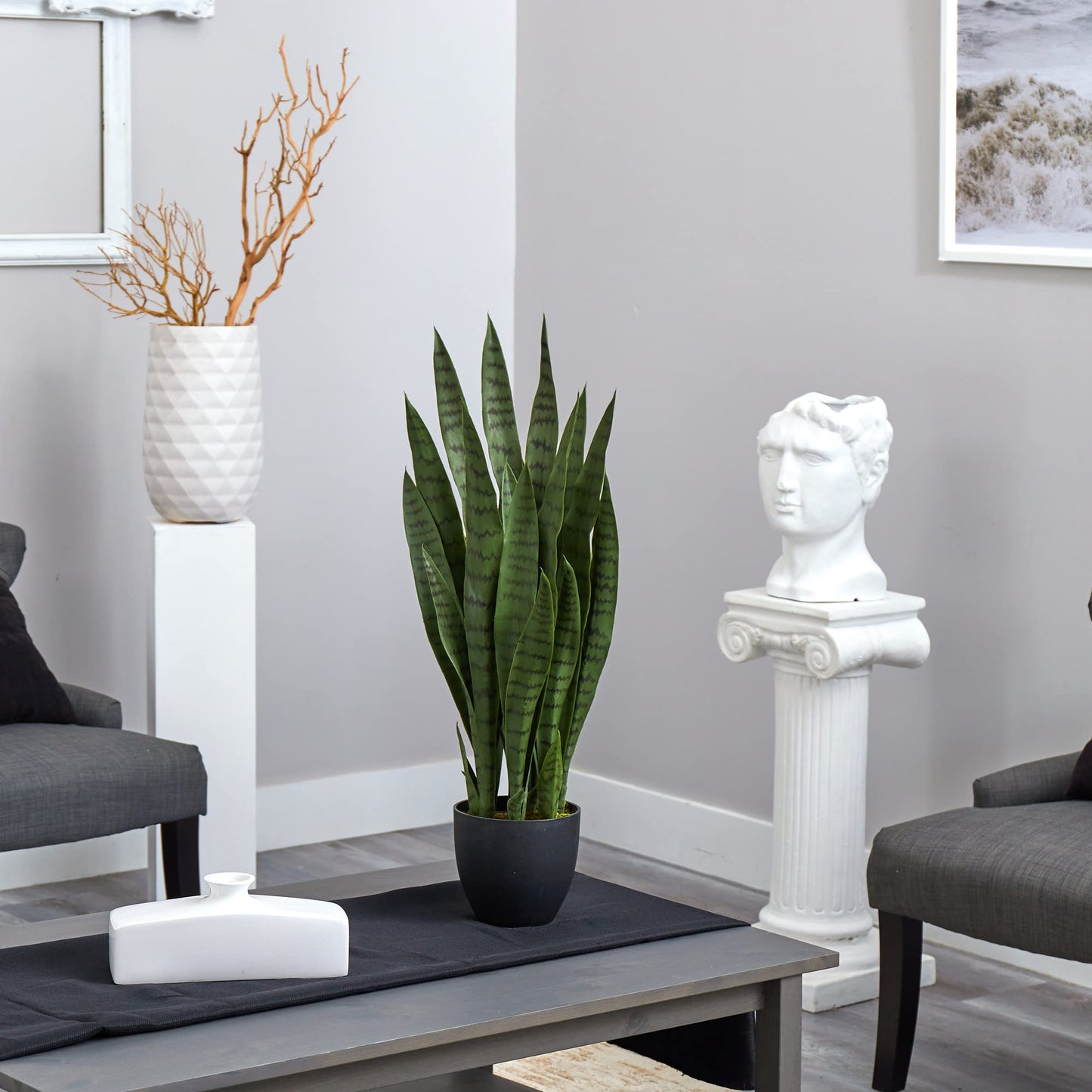 Nearly Natural 35in Artificial Snake Plant, Sansevieria Faux Greenery with Black Planter for Indoor Home Office Decor, Low Maintenance