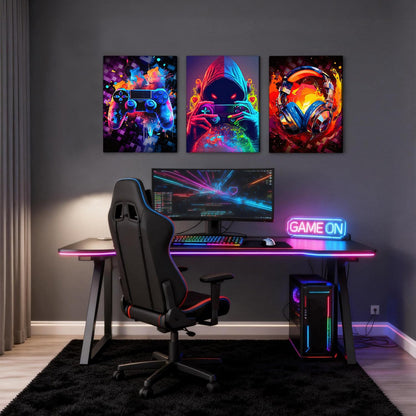 LYYGLYY 3Pcs Framed Cool Gaming Canvas Wall Art, Neon Video Game Printed Wall Art, Gamer Bedroom Artwork for Walls, Dazzling Headset Gamepad Poster Wall Decor for Gaming Room, Boys Room 12x16 Inches