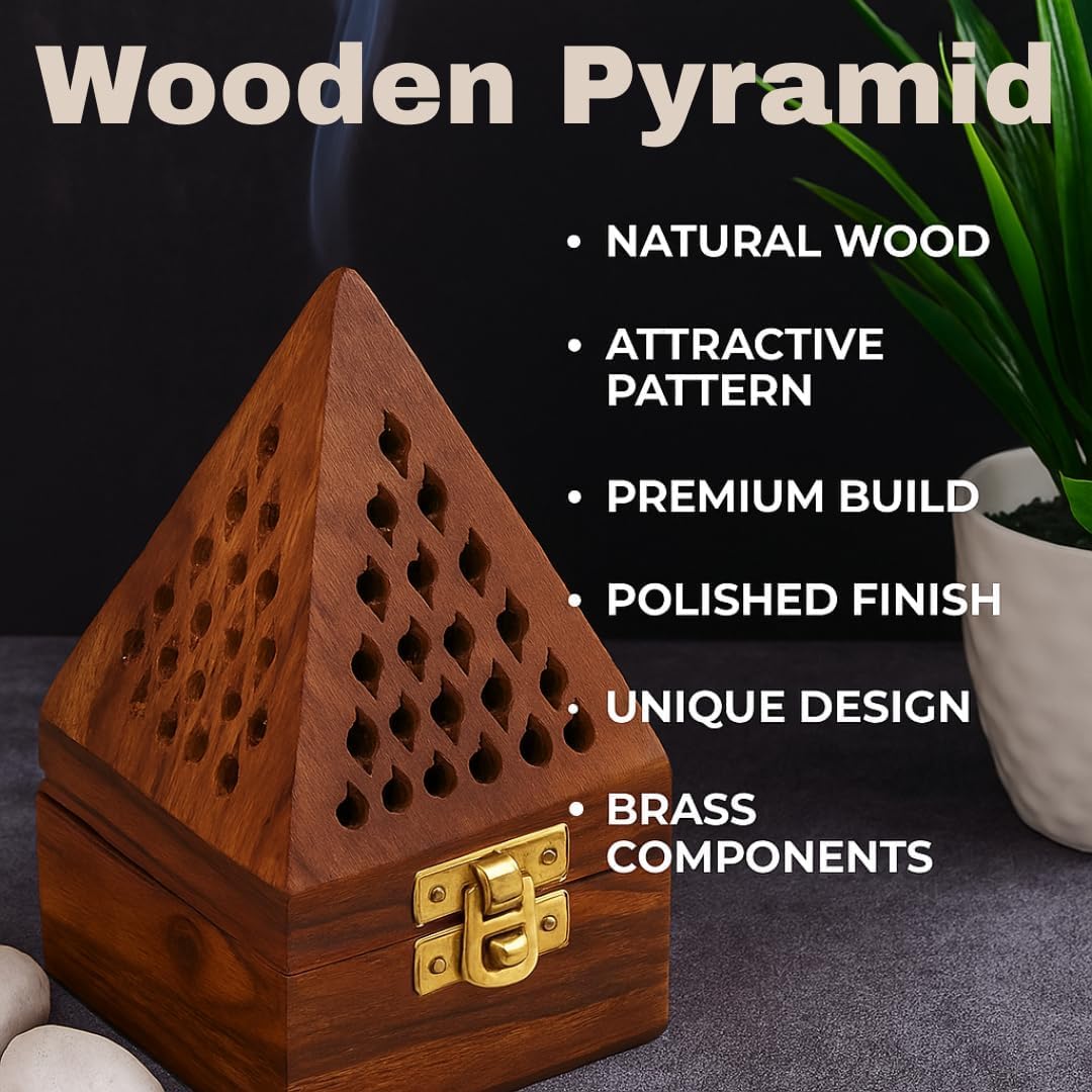 Luvikka's Handmade Wooden Pyramid Incense Holder, Natural Wood Ash Catcher with Brass Latch, 5 Inch Cone Burner for Aromatherapy Meditation Yoga