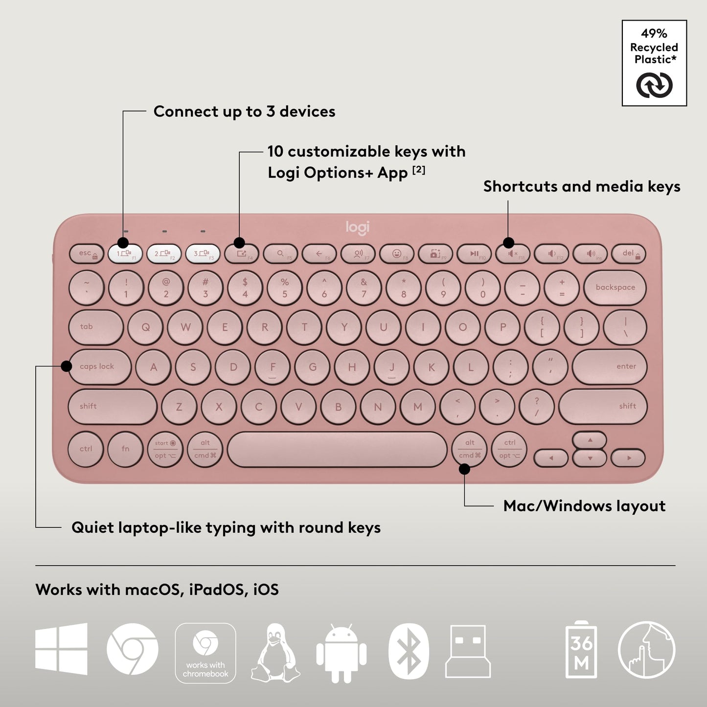 Logitech Pebble Keys 2 K380s, Multi-Device Bluetooth Wireless Keyboard with Customizable Shortcuts, Slim and Portable, Easy-Switch for Windows, macOS, iPadOS, Android, Chrome OS - Tonal Graphite