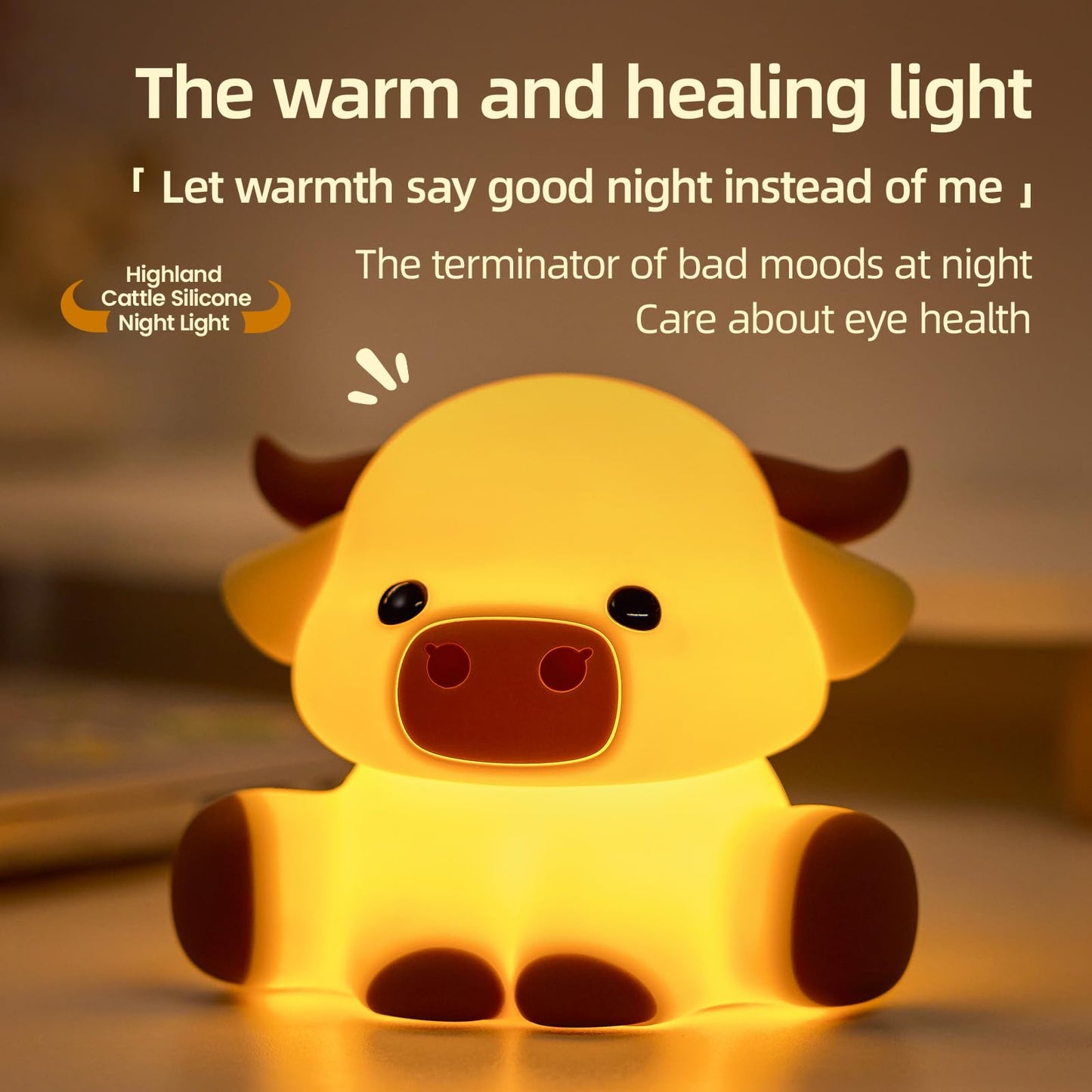 Znpum Highland Cow Night Light, Huggwaii Squishy Silicone Lamp for Kids - Dimmable Touch Sensor Cute Animal Lamp, Soft Glow Night Light for Nursery, Bedroom, Christmas Gifts for Boys, Girls, Women