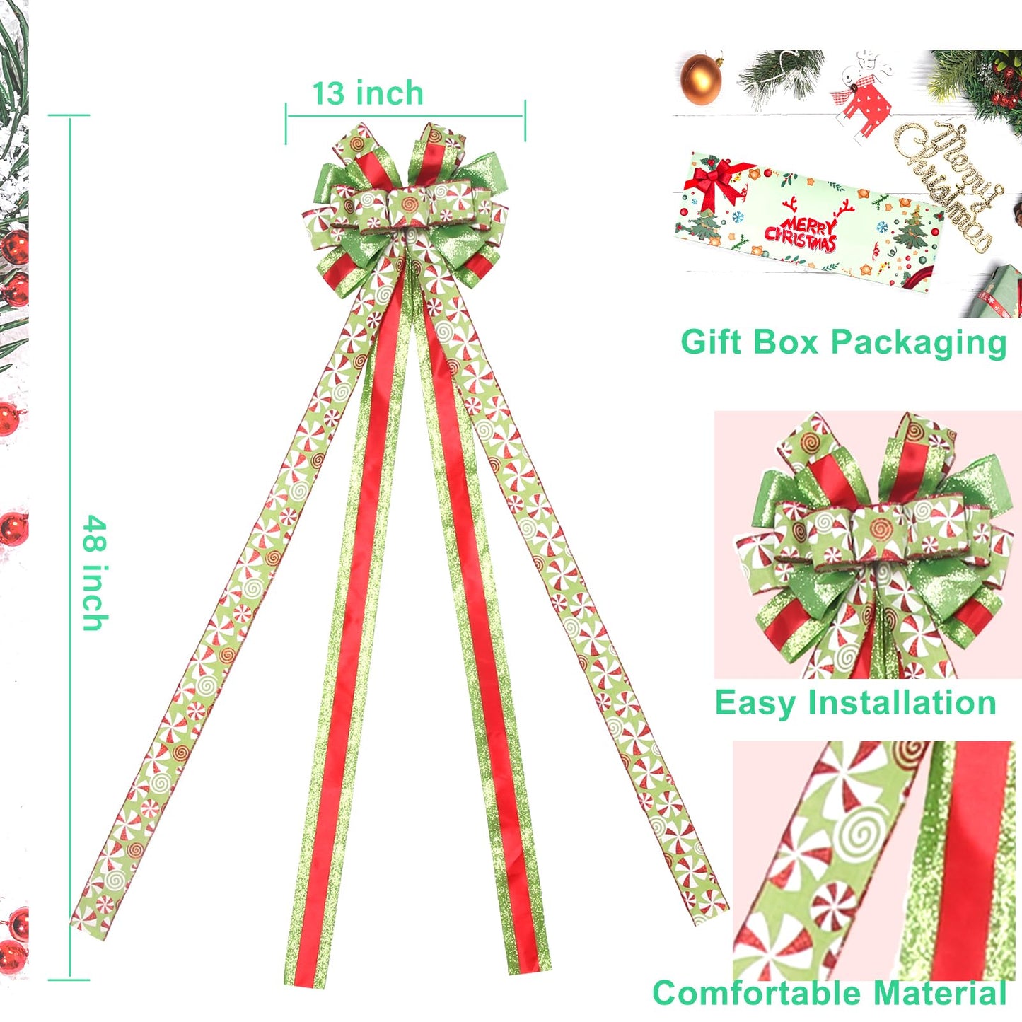 Christmas Tree Topper Wreath Large Green Bow with Red Green Dot Candy Patterned Gift Bow for Xmas Holiday Home Thanksgiving Indoor/Outdoor Decoration 52"x13"