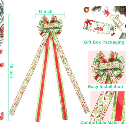 Christmas Tree Topper Wreath Large Green Bow with Red Green Dot Candy Patterned Gift Bow for Xmas Holiday Home Thanksgiving Indoor/Outdoor Decoration 52"x13"