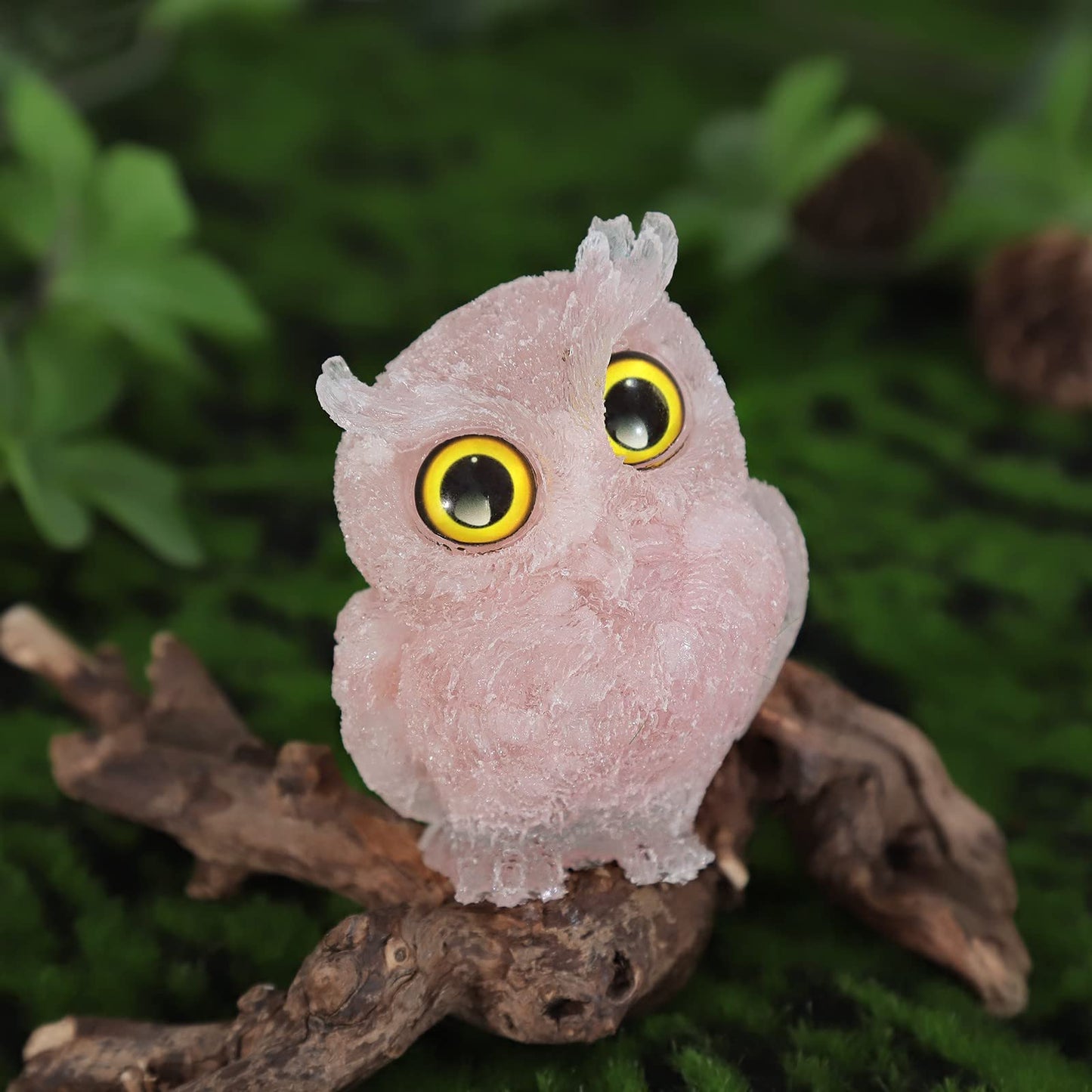 TUMBEELLUWA Set of 2 Mini Rose Quartz Crystal Organite Owl Figurine Ornaments, Decorative Resin Owl Statues for Home Office Table, Plant Pot, Micro Landscape, 3 Inches
