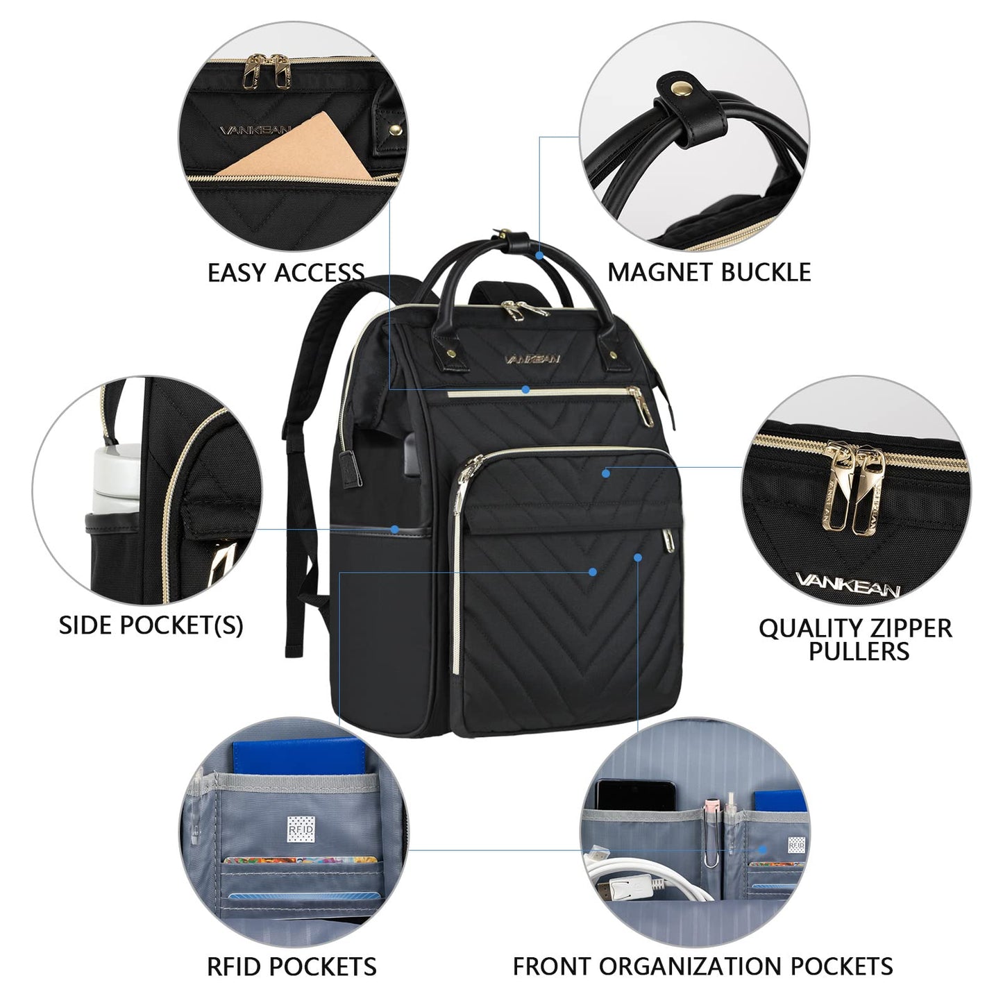 VANKEAN Laptop Backpack for Women Men 17.3 Inch Stylish Computer Work Backpack, Waterproof College Daypack Backpacks with USB Port & RFID Blocking, Business Travel Backpack, Black