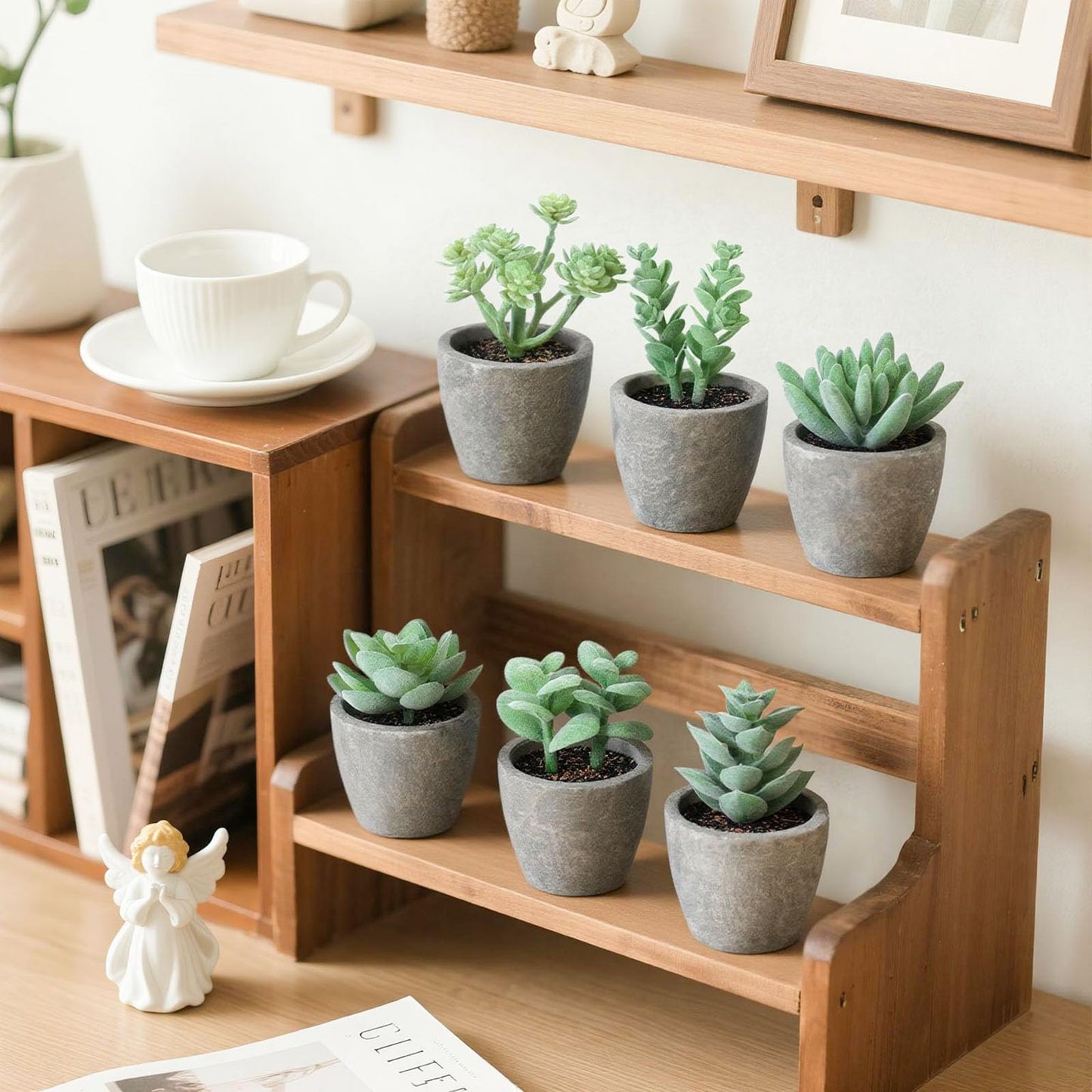 DomeStar Set of 6 Artificial Succulent Plants Potted, Assorted Decorative Faux Succulent Potted Fake Cactus Cacti Plants with Pots