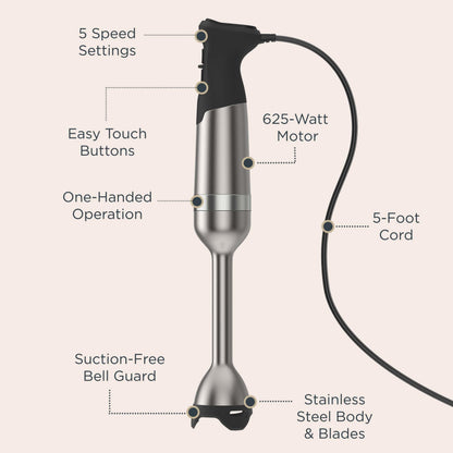 Vitamix 5-Speed Immersion Blender, Professional-Grade Hand Blender with 625-Watt Motor and Stainless-Steel Blade, Stainless Steel/White