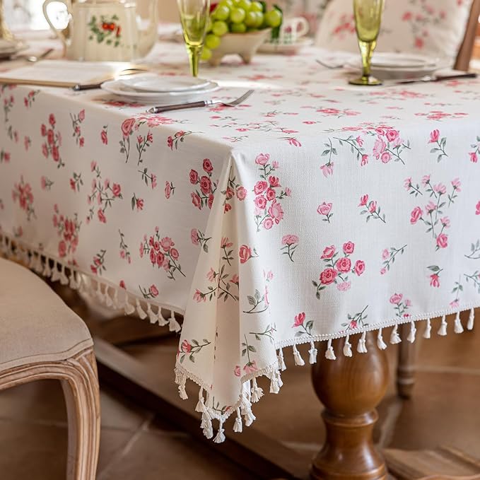 VClife White and Pink Print Table Cloth, Linen Texture Tablecloth