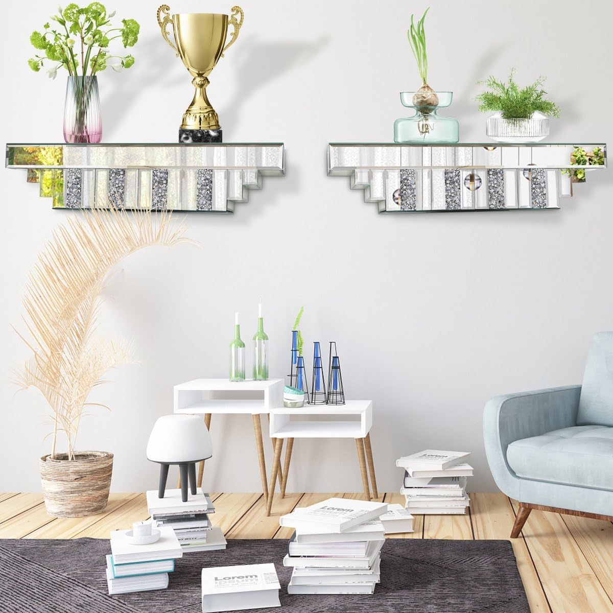 ST3000 Mirrored Floating Shelf for Wall-23 Crushed Crystal Diamond Wall Shelf, Silver Mirror Display Shelf for Bathroom, Living Room, Bedroom-Glam Art Deco Showcase for Perfume, Jewelry, Small Plants