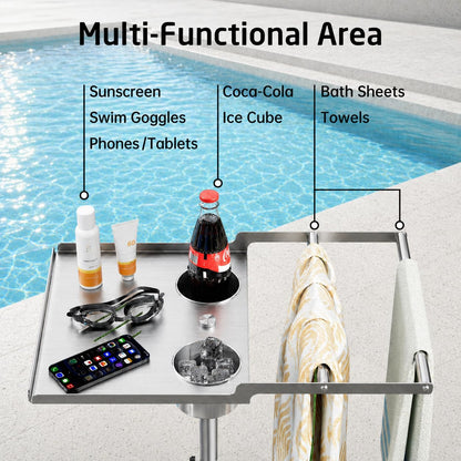 KES Adjustable Height Outdoor Towel Rack for Pool with Weighted Marble Base, 360° Swivel Hot Tub Towel Rack with Hot Tub Table & Drink Holders, 18/8 Stainless Steel, Fit Above Ground Pool, OTR201-2